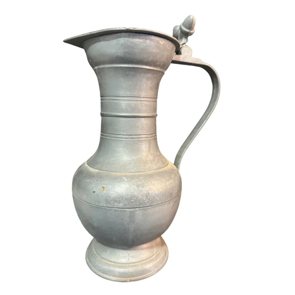 French Flagon Antique Pewter Pitcher Lidded‎ Wine Jug Acorn Thumbpiece Grey 8.5